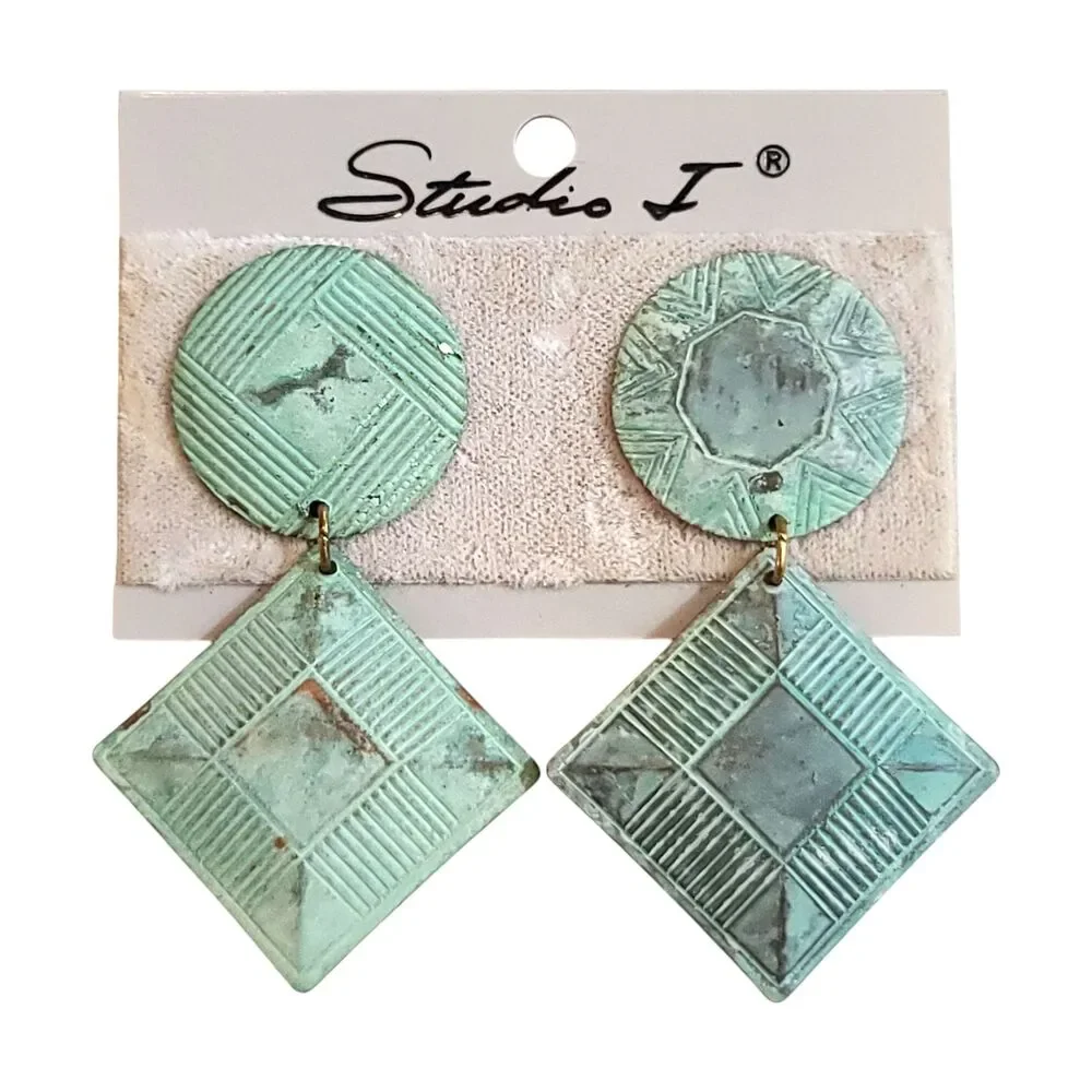 Vintage 80s Brushed Teal Gold Tone Metal Dangle Drop Earrings